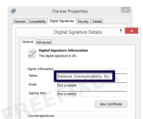 Screenshot of the Valassis Communications, Inc. certificate